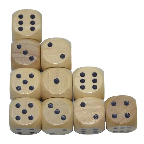 Set of 10 16MM Six Sided D6 Round Wooden Dice Set (Wood) - color: Wood