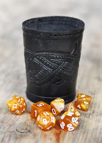Ulfberth - Viking dice Cup with Embossed Motif - Genuine Leather - Medieval Leather Cup with Engraving (Jelling Style, Black) - color: Jelling, Black