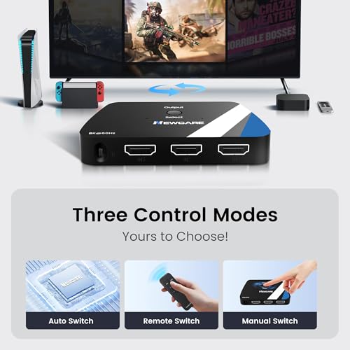 NEWCARE 8K HDMI Switch 3 in 1 Out, HDMI 2.1 Switch with Remote, HDMI Splitter 4K@120Hz Support 8K@60Hz HDCP2.3 HDR10+ VRR ALLM Dolby, HDMI Switcher Compatible with TV PS5/4 Xbox Laptops PC Projector