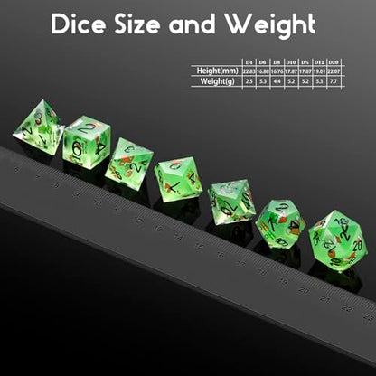 DNDND Full 7 Piece Sharp Edge Dice Set with Carton Stickers for Dungeons and Dragons D&D Table Games (Green with Carton) - color: Carton Green