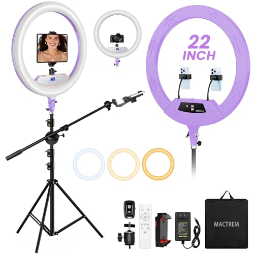 Ring Light 22inch Kit: Ring Light Tripod for iPhone ipad, with 75" Tripod/LCD Display/2 USB Ports Overhead Phone Mount for Video Recording, Zoom Meeting,YouTube,TikTok (Purple) - color: Purple, size: 22Inch