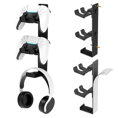 ZYTHRONE Dual Controller Holder Wall Mount, Metal Headset Stand for PS5, PS4, with Stable 3M Adhesive, Strong Adhesive by Screws, Black