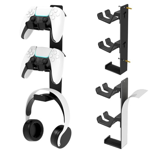 ZYTHRONE Dual Controller Holder Wall Mount, Metal Headset Stand for PS5, PS4, with Stable 3M Adhesive, Strong Adhesive by Screws, Black