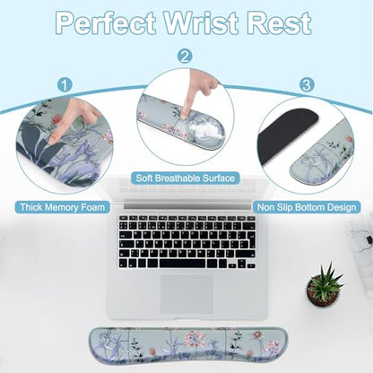 MEGREZ 4-in-1 Mouse Pad with Wrist Rest Ergonomic Memory Foam Desk Mat Set | ergonomic, anti-slip base, 4pcs set, desk pad, mouse wrist rest, keyboard rest, coaster, ideal for office & gaming - color: Bluegray