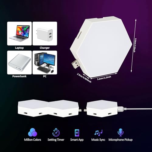 Vcwtty Hexagon Light Panels with App, Music Sync, 6 Pack | RGB Gaming Lights, DIY Modular Design, Sensory Room, Game Room, Party, USB Powered, Wall Decor, Sound Activate - size: 3.8 inches