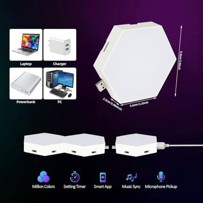 Vcwtty Hexagon Light Panels with App, Music Sync, 6 Pack | RGB Gaming Lights, DIY Modular Design, Sensory Room, Game Room, Party, USB Powered, Wall Decor, Sound Activate - size: 3.8 inches