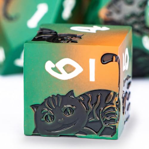 Metal DND Cat Dice 7PCS Polyhedral RPG Dice Set with Gift Case for Dungeons Dragons Role Playing Game, D and D Dice D6 D8 D10 D12 D20 D% (Orange Green) - color: Cat-orange Green&black