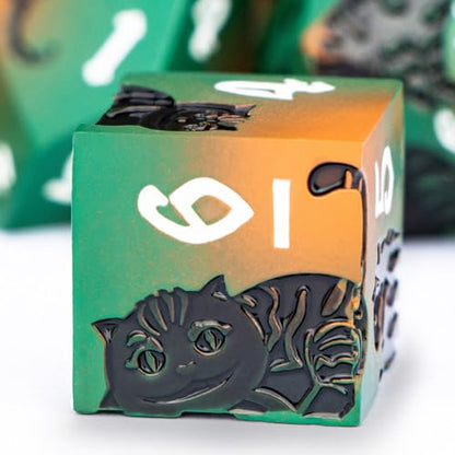 Metal DND Cat Dice 7PCS Polyhedral RPG Dice Set with Gift Case for Dungeons Dragons Role Playing Game, D and D Dice D6 D8 D10 D12 D20 D% (Orange Green) - color: Cat-orange Green&black