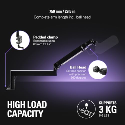 Elgato Wave Mic Arm Pro, Gas Spring Microphone Arm | Supports up to 3kg, Silent gas-spring adjustment, Hidden cable channels, Padded clamp, Compatible with most mic brands - color: Black