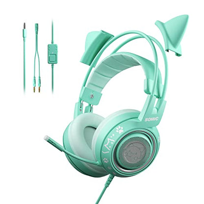 SOMIC G951S Green Gaming Headset with Microphone for PS4, PS5, Xbox One, PC, Cat Ear Headphones Over Ear with in-Line Mic Control, Stereo Sound for Girls, Woman - color: Green