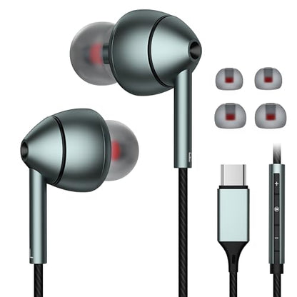 USB-C Wired Earbuds with Microphone, Volume Control, Noise Canceling, Compatible with Samsung Galaxy S24 S23 S22, iPhone 17 16 15 Pro Pro max, Pixel Phones - color: Black