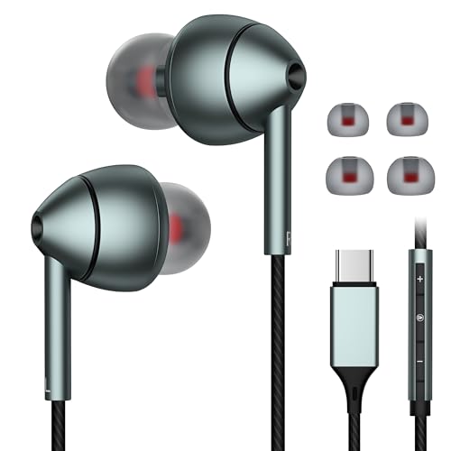 USB-C Wired Earbuds with Microphone, Volume Control, Noise Canceling, Compatible with Samsung Galaxy S24 S23 S22, iPhone 17 16 15 Pro Pro max, Pixel Phones - color: Black