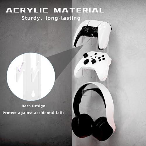 Controller Holder Wall Mount, Dual Game pad Controller & Headphone Hanger, for Switch/PS/PS5/Xbox360/Xbox One/S/X/Elite/Series S/X Wall-Mounted Transparent Bracket for Controllers, Screws Installation