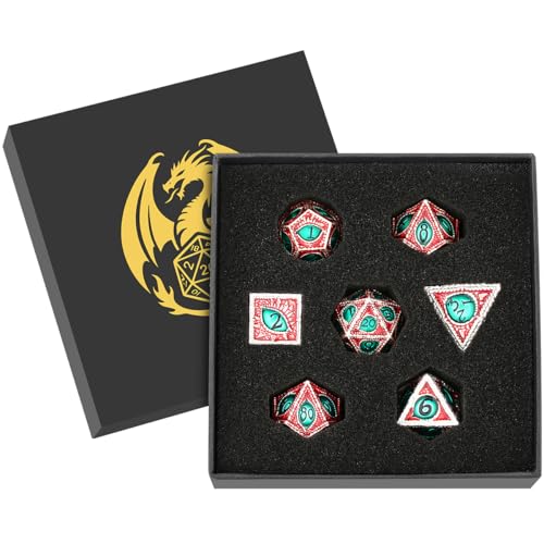 Metal Dice Set, Dragon Eye Theme, 7pcs Polyhedral Metal DND Dice Set, DND Starter Set, D&D Gifts with Gift Box, Role Playing Board Games Accessories, Silver Red Green - color: Silver Red Green With Gift Box