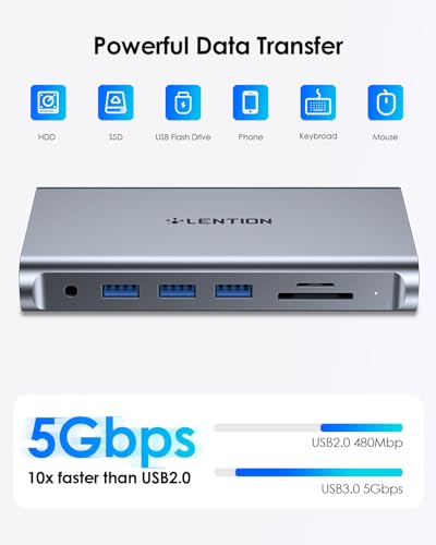 LENTION USB C Docking Staion 4K@60Hz, Ethernet, 5xUSB 3.0, 100W PD, Audio | 11 in 1 Dock, 3.3ft Long Cable, Card Readers, Detachable Design, No Driver, Compatible with macOS, Windows & ChromeOS (D54) - color: Space Gray
