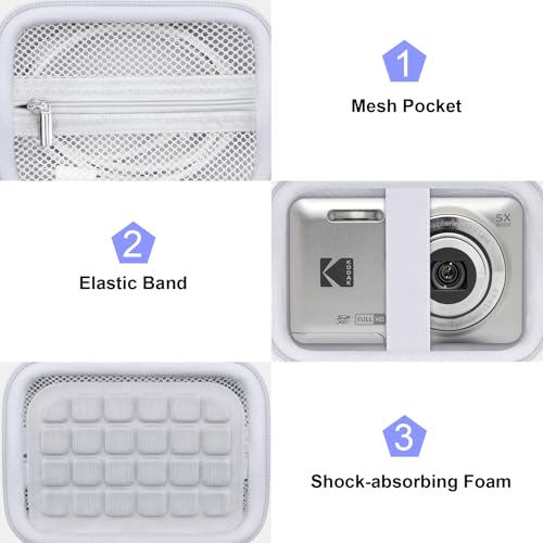 Canboc Hard Case for KODAK PIXPRO FZ55/ FZ45/ FZ43/ FZ53 16MP Digital Camera, Vlogging Camera Bag, Zipper Mesh Pocket fit Cable, SD Card, White (Case Only) - color: T-White