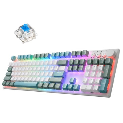 iRocks K74R Wireless RGB Illuminated Mechanical Gaming Keyboard, Hot-Swappable Switches, Easy-to-Clean Floating Design, PBT 107 Keys NKRO, Detachable USB-C Cable - Island Blue (Blue Switches) - color: Island Blue, size: Gateron Blue Switches
