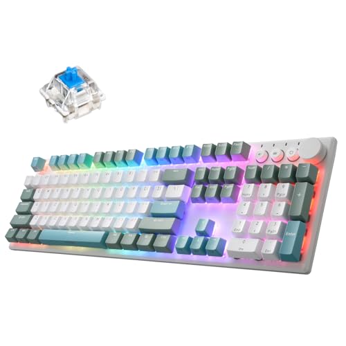 iRocks K74R Wireless RGB Illuminated Mechanical Gaming Keyboard, Hot-Swappable Switches, Easy-to-Clean Floating Design, PBT 107 Keys NKRO, Detachable USB-C Cable - Island Blue (Blue Switches) - color: Island Blue, size: Gateron Blue Switches