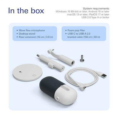 Elgato Wave Neo USB Condenser Microphone, Tap to Mute | High-rise stand design, LED mute indicator, Zero-delay headphone monitoring, Plug and play, Zero-plastic packaging