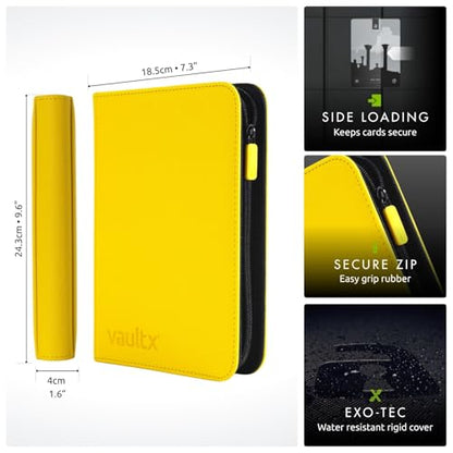 Vault X 4 Pocket Zip Trading Card Binder 160 Cards Exo-Tec (Yellow) | Holds 160 standard-size TCG cards in 20 side-loading 4-pocket pages. Padded, water-resistant Exo-Tec cover. - color: Yellow