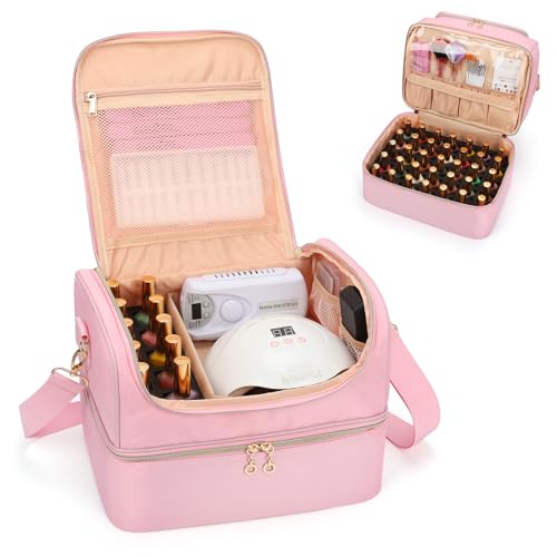 CUBETASTIC Nail Polish Organizer Case, Nail Supplies Storage Box Holds Nail Polish Bottles & Nail Lamp, Travel Nail Tech Carrying Case, Nail Kit Bag For Nail Stuff & Manicure Tools (Pink, 45 Slots) - color: Pink, size: 45 Slots