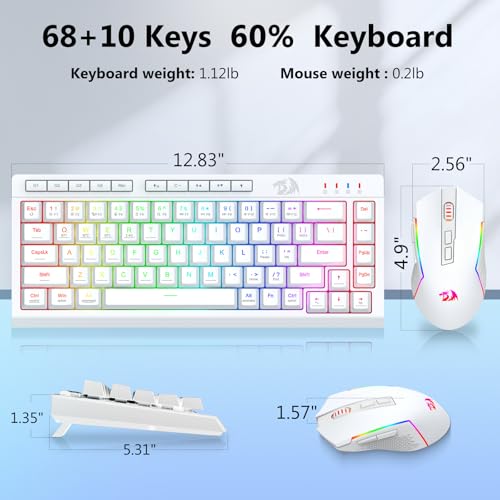 Redragon Wireless Gaming Keyboard and Mouse Combo, 60% Portable, White | Bluetooth/2.4G/USB-C Wired, RGB Backlit, Quiet Rechargeable Macro Membrane Keyboard & 12800 DPI Mouse for Win/MAC - color: White Combo