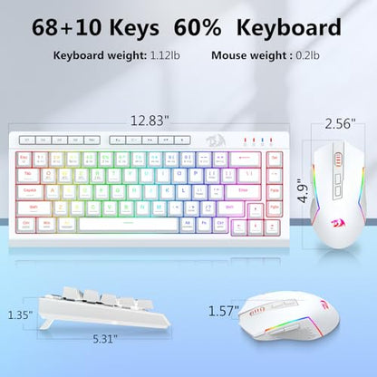 Redragon Wireless Gaming Keyboard and Mouse Combo, 60% Portable, White | Bluetooth/2.4G/USB-C Wired, RGB Backlit, Quiet Rechargeable Macro Membrane Keyboard & 12800 DPI Mouse for Win/MAC - color: White Combo