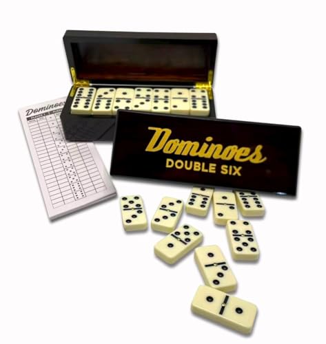 PRK 14 Double Six Dominoes Gift Set – 28 Tiles with Spinners in Premium Wooden Storage Box – Classic Domino Set for Adults with Score Pad – Family Night & Collector Edition