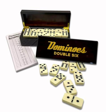 PRK 14 Double Six Dominoes Gift Set – 28 Tiles with Spinners in Premium Wooden Storage Box – Classic Domino Set for Adults with Score Pad – Family Night & Collector Edition