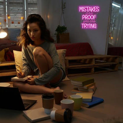 Allball Mistakes Are Proof You Are Trying Neon Sign, Motivational Neon Sign USB Powered LED Dimmable, for Classroom Office Children Room Bedroom Living Room Sign, Graduation Gift(11.8 * 11 In) - color: pink1