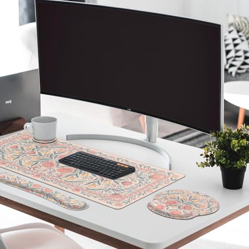 Britimes Pink Floral Keyboard Mouse Pad Set Retro 4in1 Large Mousepad+Keyboard Wrist Rest+Mouse Wrist Rest+Coaster Ergonomic Design for Home Office Computer 35.4x15.7 inches - color: Colorful Wildflowers