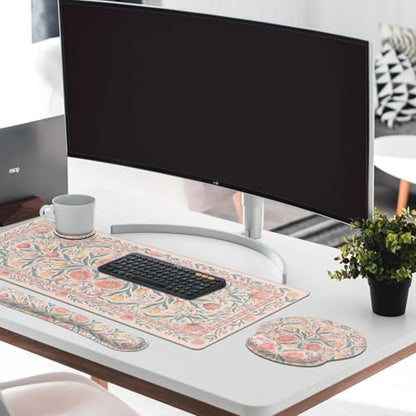 Britimes Pink Floral Keyboard Mouse Pad Set Retro 4in1 Large Mousepad+Keyboard Wrist Rest+Mouse Wrist Rest+Coaster Ergonomic Design for Home Office Computer 35.4x15.7 inches - color: Colorful Wildflowers