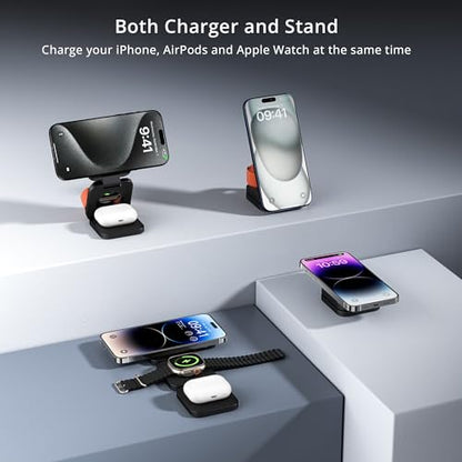 3-in-1 Wireless Charger Stand, LULULOOK 15W Magnetic Charger Wireless Fast Charging Station for iPhone 16/15/14 Series, Aluminum 5W Charger for Apple Watch, AirPods, USB-C Charging Cable Included - color: Black
