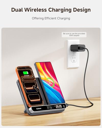 Dual Phone Foldable Wireless Charging Station for iPhone, Galaxy, Pixel | Dual phone charging, Foldable portable stand, Dimmable clock, Case friendly, Raised charging area, flat mode for earbuds, 504 - color: Black & Tech Grey