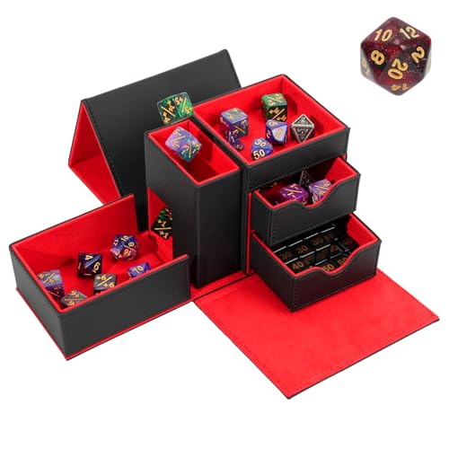 Dice Tray & Dice Tower Storage Box, 3 in 1 Dice Holder Case (Dice Rolling Tray, Dice Rolling Tower, Dice Storage Drawers), Leather Magnetic Closure DND Accessories Gifts for RPG MTG, Black/Red - color: Black/Red