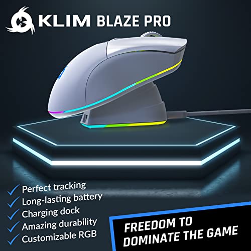 KLIM Blaze Pro Rechargeable Wireless Gaming Mouse with Charging Dock RGB - New Version - High-Precision Sensor and Long-Lasting Battery - Up to 6000 DPI - Great PC Gaming Mouse Wireless - White - color: White