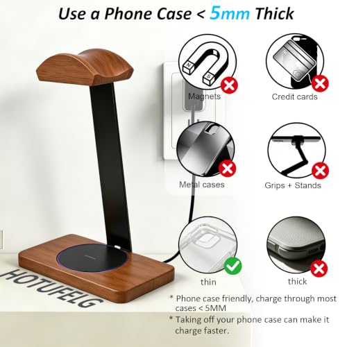 Solid Wooden Headphone Holder with Qi Wireless Charging Pad, Gift Choice | Heavy Duty Wood Universal Headset Stand Compatible with Airpods Max,Bose,Razer,AKG,Equipment Accessories for Walnut Desk - color: Black