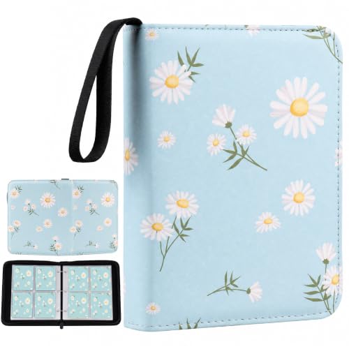 Cute Trading Card Binder for Girls for 480 Pockets, Small Cards Holder Case with Zipper for Cards Sticker Photocard Collection, 4 Pocket Blue Flower - color: Blue