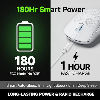 TMKB Wireless White Gaming Mouse, 24000 DPI, 180-Hour Battery | Optical Sensor, 90g Ergonomic Honeycomb Design, 6 Programmable Buttons, RGB Strip, 2.4GHz, BT5.2 and USB-C Wired Connectivity - color: White, size: Wireless