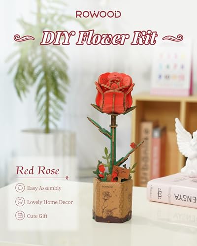 rowood 3D Puzzle Wooden Flower,DIY Artifical Flower Building Toy Set Craft Kit for Women,Mother's Day/Valentine's Day/Teacher's Day/Thanksgiving/Christmas/Birthday Choice-Red Rose - style: Red Rose