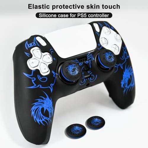 PS5 Controller Silicone Cover with Laser-Engraved Dragon Design - Non-Slip Grip Skin + 2 Dragon Thumbstick Caps | Stylish Protective Case for PlayStation 5 Controller - color: Lightning Dragon Blue