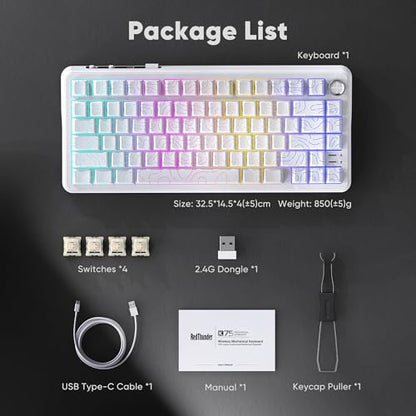 RedThunder K75 Wireless Mechanical Keyboard, CNC Knob, Tri-Mode BT5.0/2.4GHz/USB-C Hot Swappable Custom, Pre-lubed Linear Coconut Switches, Gasket Structure, RGB Gaming Keyboard, White Contour Lines - color: White Contour Lines