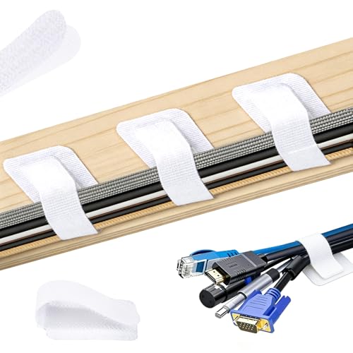 100 Pcs Cable Management Under Desk, Hook and Loop Cable Straps, White | Strong Adhesive Backing, Residue-Free Removal, Adjustable Cable Ties for Home, Office, Cords, TV Computer Car Wire Organizer - color: White