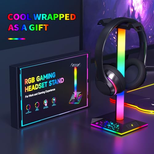 Hcman Headphone Stand Gaming Headset Holder RGB PC Gaming Accessories for Desk, Cool LED Headset Stand with 2 USB Charger for Gamer, Black | PC Accessories for Desk, Cool LED Headset Stand with 2 USB Charger for Gamer, Black