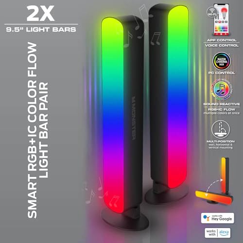 Monster Smart LED Light Bars 2 Pack, RGB+IC Multi-Color Razor Chroma TV & Gaming Wi-Fi Light Bars, Dimmable, Sound Reactive, Multi Position, App & Voice Control, Works with Alexa, Google Home, Siri