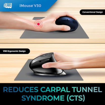 Adesso iMouse V30 Wireless Adjustable Vertical Ergonomic Mouse with Customizable Angles and DPI Switch - Advanced Optical Sensor Technology, Reduces Wrist Strain, 2.4GHz USB Receiver, TAA-Compliant