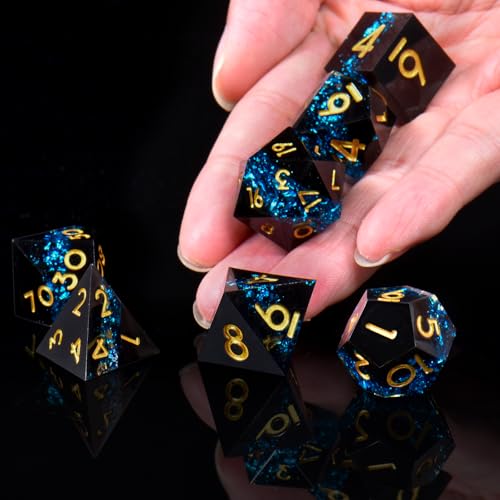 DND Dice Set, 7 Pcs Sharp Edge D&D Dice Polyhedral Resin Dice for Dungeons and Dragons RPG MTG Role Playing Table Games - color: Blue-1