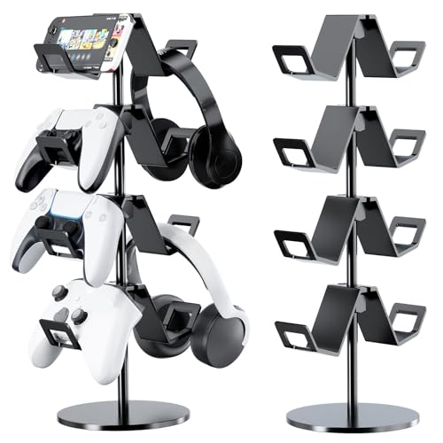 Controller Holder 4 Tier,Headphone Stand for Xbox PS5 PS4 | Classical "W" shape,Adjustable,Gamepads and headset storage,For Gamer,Black,Stable,Gaming gift