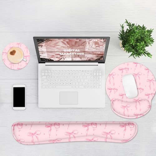 Ergonomic Mouse Pad with Wrist Rest and Keyboard Wrist Rest, Mousepad and Wrist Rest for Computer Keyboard, Non-Slip Rubber Base, Mouse Pad Wrist Support for Gaming, Pink Bow - color: Pink Bow