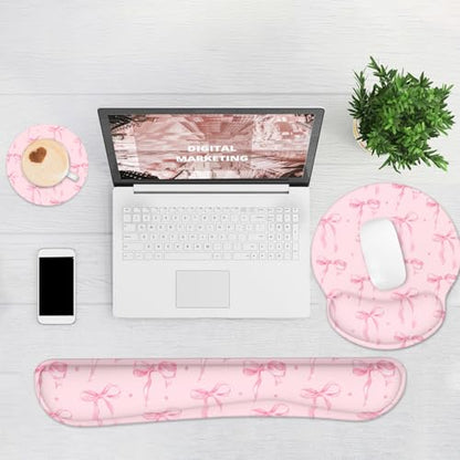 Ergonomic Mouse Pad with Wrist Rest and Keyboard Wrist Rest, Mousepad and Wrist Rest for Computer Keyboard, Non-Slip Rubber Base, Mouse Pad Wrist Support for Gaming, Pink Bow - color: Pink Bow